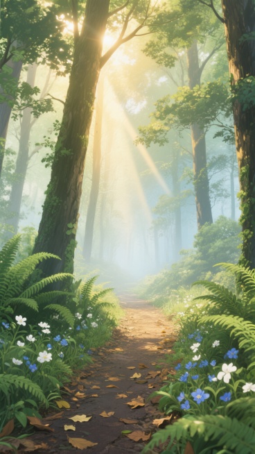 清晨薄雾笼罩的森林小径，参天大树林立，阳光透过枝叶形成金色光柱洒在铺满落叶的小路上，两侧长满茂密的绿色蕨类植物和白色、蓝色野花，空气湿润清新，整体呈现明亮通透的日系动画风格，色彩以翠绿、金黄和淡蓝为主，光影柔和梦幻，营造出宁静神秘的氛围。预览效果