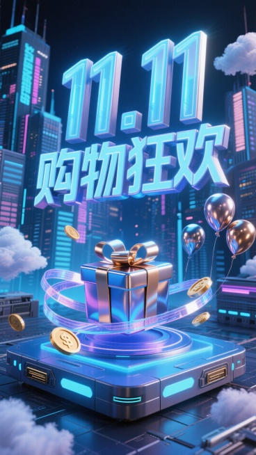 核心是 “11月11日购物狂欢” 的霓虹发光立体字，置于充满未来感的赛博朋克城市霓虹建筑间的悬浮平台。背景点缀赛博风格的机械礼盒、流光彩带、全息金币、霓虹云朵、金属质感气球，整体风格炫酷科幻，突出双十预览效果