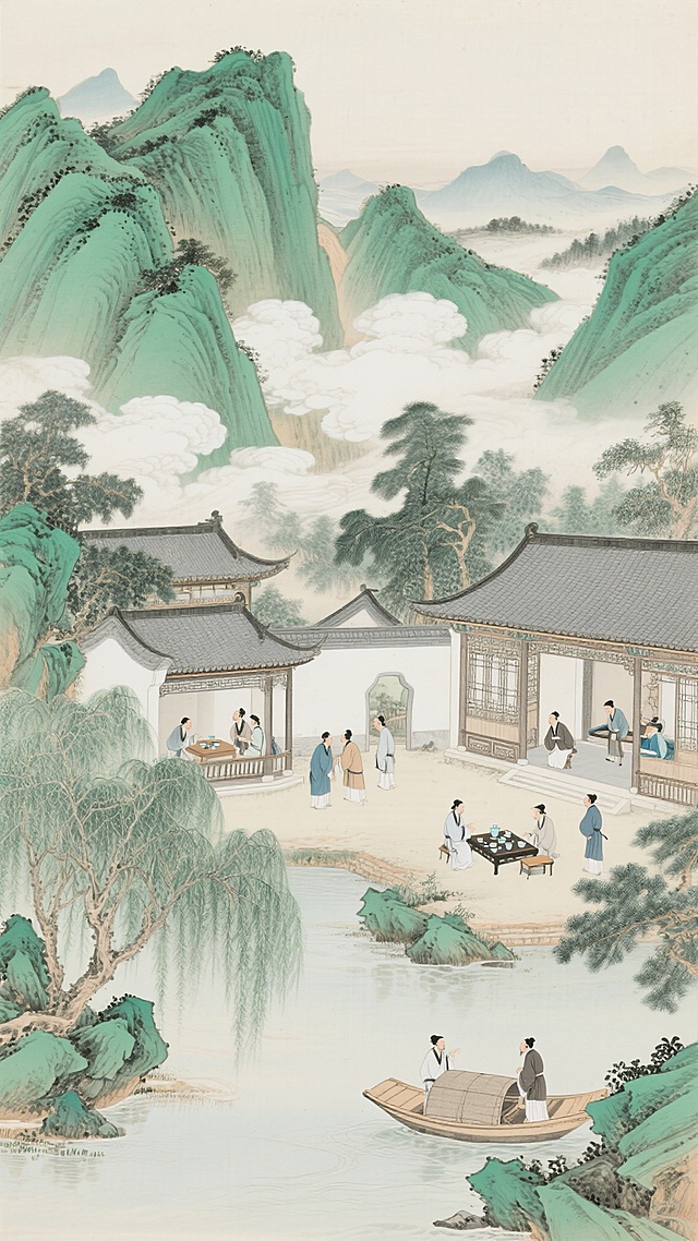 中国传统工笔重彩国画风格，青绿山水与庭院人物场景，远山层叠巍峨，青绿设色典雅厚重，山间云雾缭绕呈团状留白，近处亭台楼阁错落有致，灰瓦白墙，雕梁画栋，庭院内众人或品茶对弈、或漫步赏景，身着古代服饰，姿态悠闲，河岸柳树依依，水面小舟泛波，整体构图深远，层次分明，线条细腻流畅，色彩古朴和谐，营造出宁静典雅、富有诗意的古代文人生活氛围，工笔画笔触精致，矿物颜料着色，呈现出传统国画的韵味与质感。