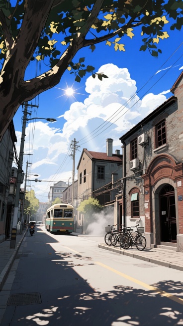 二次元写实民国，90年代上海街道，云，雾气，太阳，深青色，浅蓝色，氛围感大气一点，细节丰富，元素多样，构图大全景，9:16,不要人物，生成2张预览效果