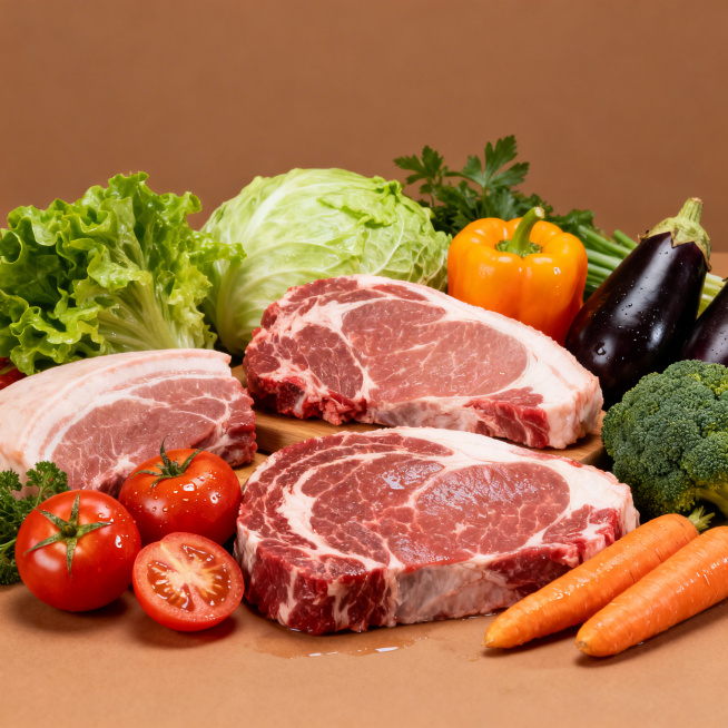 暖棕背景，摆放新鲜猪肉、牛肉等鲜肉，搭配生菜、番茄、彩椒、茄子、胡萝卜、西兰花等新鲜蔬菜水果，自然写实的生鲜食材陈列风格，无文字无LOGO预览效果