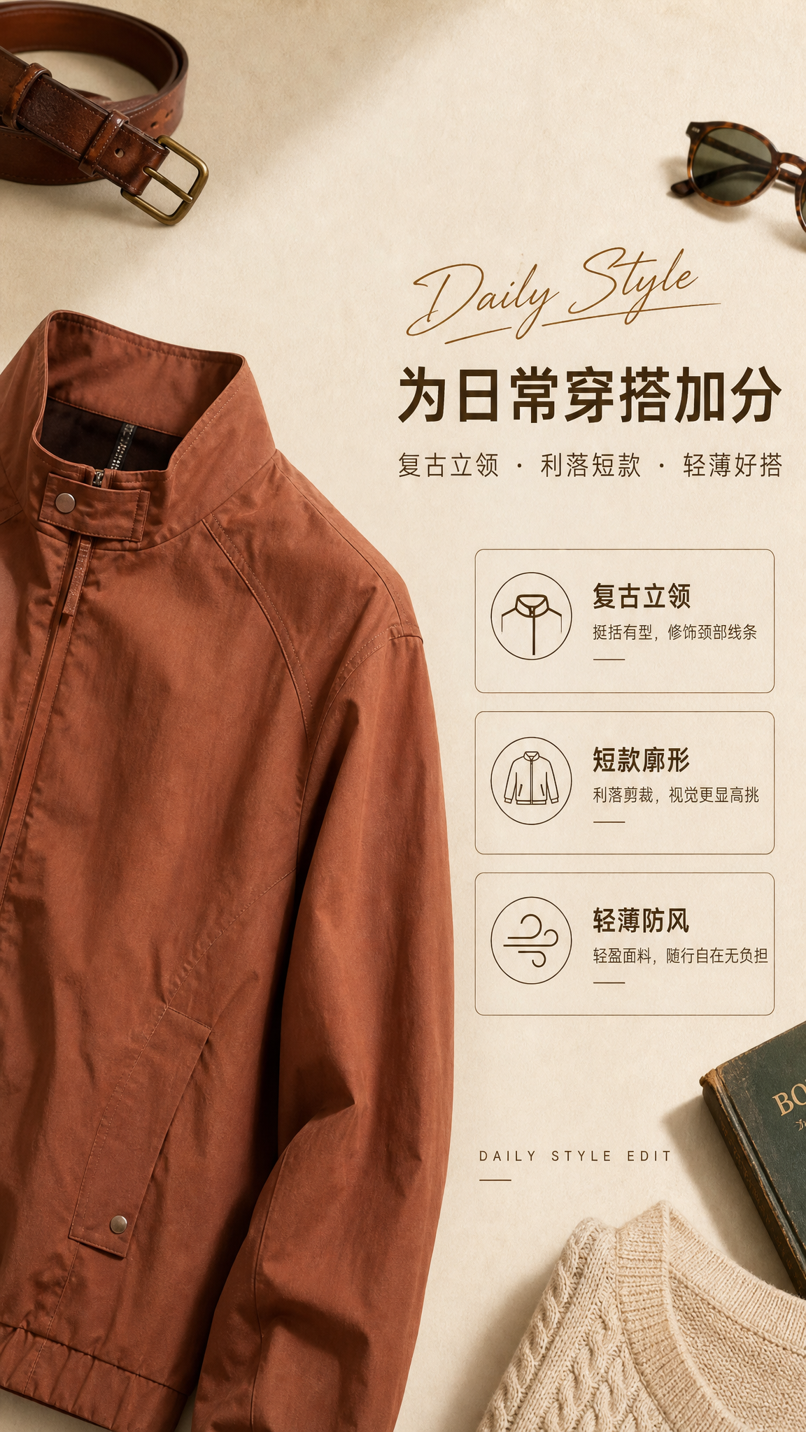 [第2张] 详情页设计理念页-焦糖棕立领短款夹克风格关键词。本… - 图片创意预览