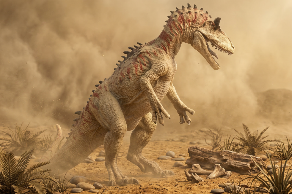 将图中恐龙置于侏罗纪白垩纪荒芜草原场景，背景为沙尘暴，影视GC效果，写实质感，细节丰富，高清画质预览效果