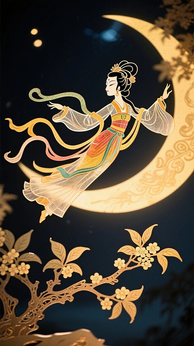 嫦娥奔月，悬浮飞翔于夜空，构图新颖，大胆夸张，飘逸，前景有桂花树枝