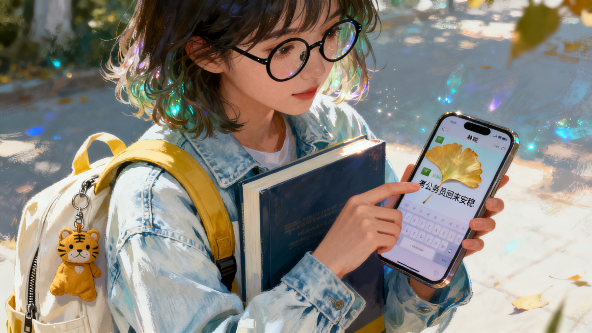 近景拍摄女大学生林晓，齐肩碎发，发尾自然卷，额前碎发不齐，纯黑框圆眼镜，穿洗得发白的浅蓝色牛仔外套，背米白色发黄帆布书包，书包拉链挂土黄色布老虎钥匙扣，抱厚专业书，指尖按手机屏幕，屏幕显示妈妈发的微信预览效果