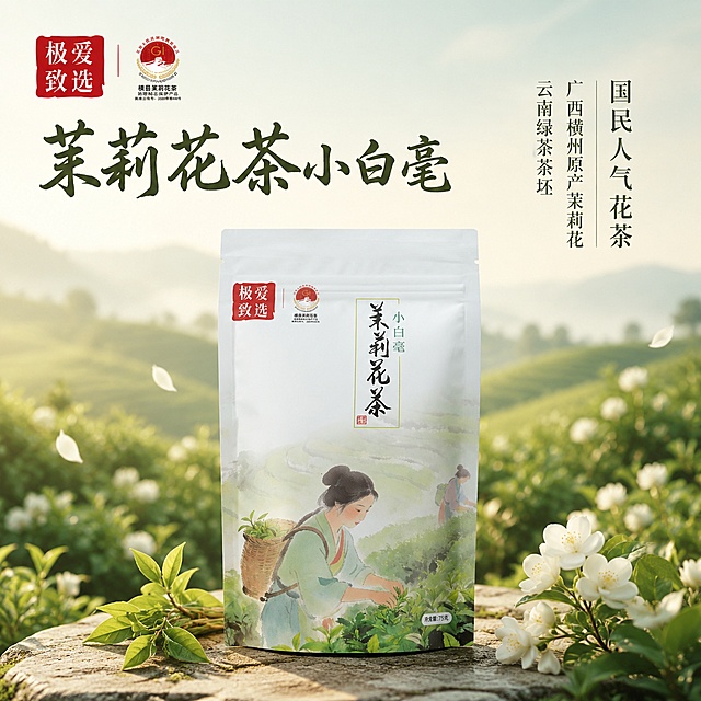 [单张主图] 茉莉花茶小白毫商品主图，走高级氛围感主图路线，打造雅致国风商品展示
[画面主体] 输入商品包装袋居中展示，保持产品外观、包装文字、图案颜色、Logo与输入产品图绝对一致，杜绝任何变形和色差，精细化处理，商品主体占画面约45%，位置居中略偏下
[构图版式] 采用原生成分型版式，产品融入核心产地的茶园原生场景，产品仍为视觉主体，背景元素不遮挡产品主体和标签
[场景元素] 背景为连绵的广西横州茉莉茶园，远山蒙着轻雾，茶园布满鲜绿的茶叶与盛开的茉莉花，清新的自然晨雾，点缀几朵飘落的茉莉花瓣在产品周围，画面左下侧放置一小撮舒展的绿茶茶叶，右下侧放几朵新鲜茉莉花，所有自然元素不遮挡产品关键信息，营造干净雅致的天然茶文化氛围
[文案版式] 左上自然留白区，"极致爱选" 保持原品牌标识位置和样式；上方居中偏左放主标题，"茉莉花茶小白毫" 大尺寸古风书法字体；右侧副文案 "国民人气花茶"，下方分行补充卖点文案：广西横州原产茉莉花 云南绿茶茶坯；文字都放在留白区域，不遮挡产品主体，所有文字清晰可读，排版疏朗有古风韵味
[光影质感] 自然柔和的晨间逆光，从茶园后方照射过来，形成淡淡的轮廓光，整体光线均匀通透，突出茶叶和茉莉花的鲜嫩质感，产品包装光影自然，浅景深效果，背景虚化柔和，突出主体产品；画面干净高级，商业摄影质感，细节清晰真实
[配色字体] 主色调浅绿色搭配米黄色，低饱和国风配色，辅助色浅绿柔黄，字体主标题选用古风书法，辅助文案选用细宋体，字重克制留白充足
[比例分辨率] 1:1 比例，2K分辨率，文字清晰可辨，画面超高清
[负向提示词] 变形，文字错乱，产品图模糊，背景杂乱，水印，电商平台Logo，错字糊字，主体遮挡，低清晰度，错误结构