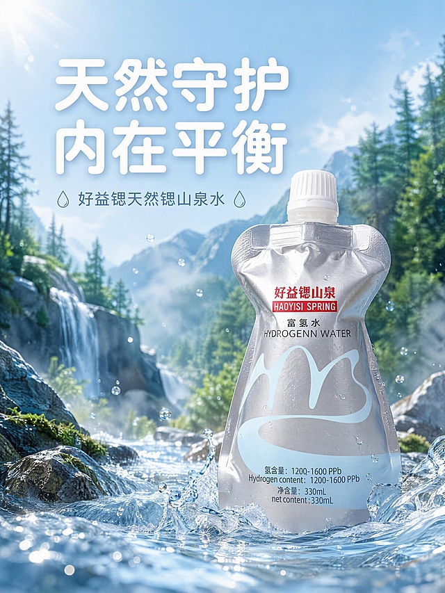 电商详情页第1张 · 头图主视觉。本张使用【图2】银色袋装富氢水作为商品主体，替换原图中的蓝色袋装水。
[氛围/风格] 清新自然山泉风，通透水润，商业摄影质感，蓝白浅色调。
[元素布局] 画面上方为山林溪流山泉场景，水雾缭绕，松树与山石；中右侧放置银色袋装富氢水（好益锶山泉 富氢水），产品占比约50%，袋身银色铝箔质感、白色吸嘴盖、红色品牌标与浅蓝色山形图案保持与图2一致；底部水流与水花元素，水滴滴落；整体画面层次丰富，前景水花、中景产品、背景山林。
[光影质感] 自然光从左上洒落，水面有高光反射，产品袋身金属质感清晰，柔和阴影，整体通透明亮。
[配色色系] 全局底色浅蓝渐变 #E8F4FC；主色浅蓝、白色；辅助色银色产品袋身、红色品牌标点缀。
[视角构图] 正面微仰视，产品位于画面中右侧偏上，阅读动线从上到下。
[文字版式] 顶部居中主标题「天然守护」，下一行副标题「内在平衡」，白色圆润黑体字；标题下方小字「好益锶天然锶山泉水」；文字不遮挡产品主体。字形：圆润黑体；字色：白色为主，浅蓝辅助。
[比例分辨率] 3:4 竖版比例，4K 分辨率，文字清晰可读，高清画质。
[负向提示词] 产品变形，颜色偏差，包装文字错乱，产品图模糊，背景杂乱，水印，文字过小，蓝色袋装水残留。