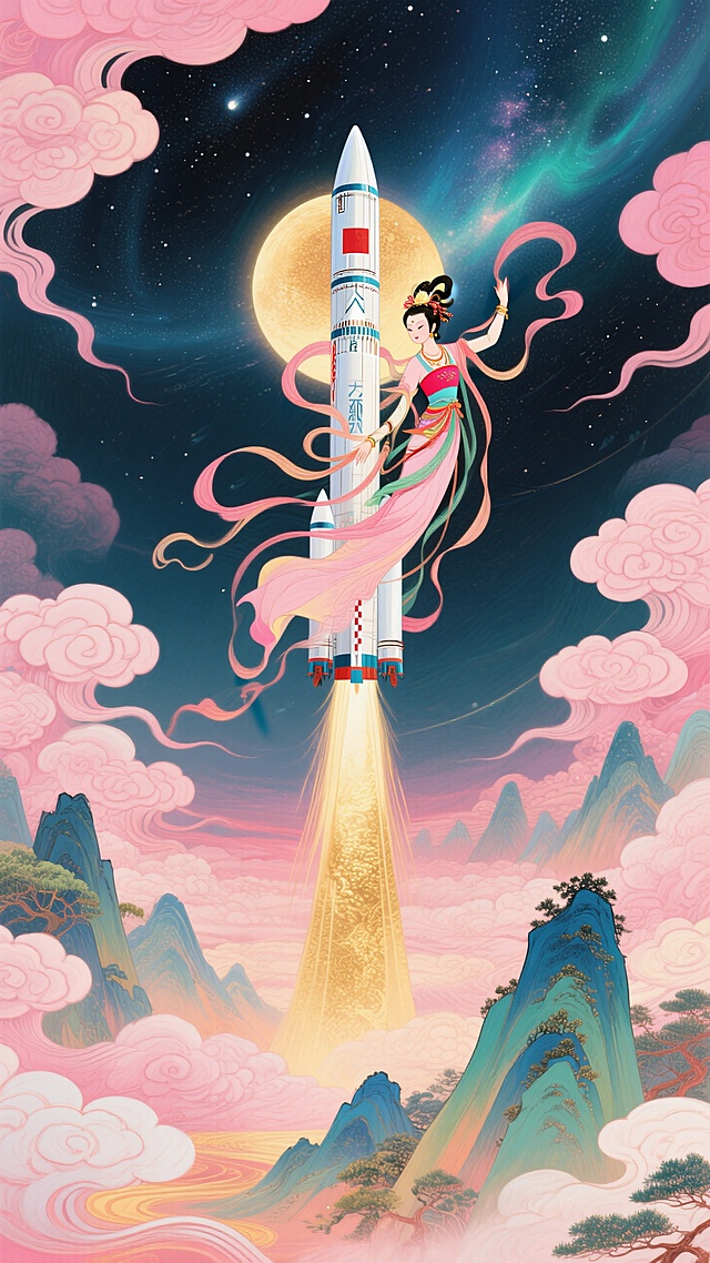 火箭居画面中心垂直向上为核心焦点，嫦娥环绕火箭，披帛环绕火箭飘逸展开，背景下方山峦、上方星空，空间延伸，画面粉金色调，梦幻色彩和光影变化，具有丰富的层次感和立体感