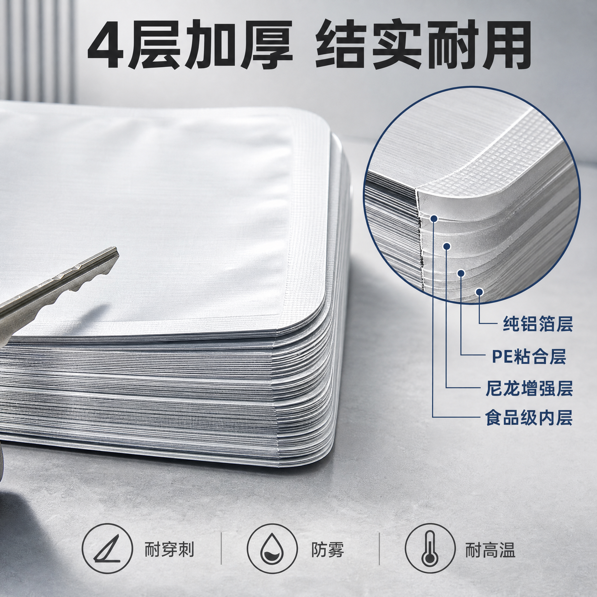 [主图-2] 核心功能证明，展示纯铝箔真空袋的4层加厚结构与结… - 图片创意预览