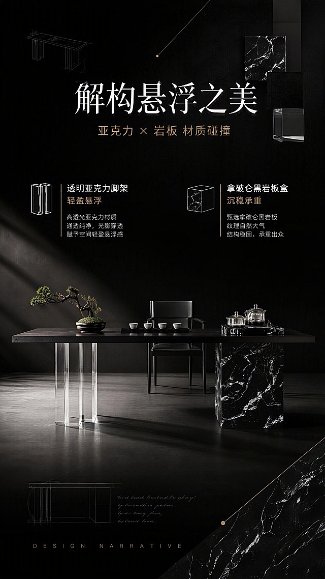 [第2张] 详情页设计美学-悬浮结构设计叙事。本张使用【图1】作为商品主体，保持产品结构、材质、颜色与原图一致。
[氛围/风格] 极简设计叙事风，高级黑白灰调性，现代设计感，材质碰撞视觉。
[元素布局] 画面上下分区，上半区为深色设计感背景，下半区茶桌侧视角度展示，占比约50%；左侧突出亚克力透明脚架的通透感，右侧展示拿破仑黑岩板盒脚的纹理；画面点缀几何线条、设计手稿元素、材质色块（纯黑、大理石纹、透明亚克力）。
[光影质感] 侧光勾勒产品轮廓，亚克力脚架有明显光线穿透效果，岩板表面有细腻纹理高光，明暗对比强烈，突出材质层次。
[配色色系] 全局底色 #0D0D0D 纯黑；主色黑色+白色+灰色；辅助色拿破仑黑大理石纹白根、透明亚克力反光。
[视角构图] 侧面视角，产品居中偏下，阅读动线顶部标题→中部材质标签→底部产品。
[文字版式] 顶部大标题「解构悬浮之美」，副标题「亚克力 × 岩板 材质碰撞」；中部左右分布两个材质说明块，左侧「透明亚克力脚架 轻盈悬浮」右侧「拿破仑黑岩板盒 沉稳承重」；底部小字英文「DESIGN NARRATIVE」；文字用白色和浅金色，清晰可读。
[比例分辨率] 9:16竖版比例，4K分辨率，文字清晰可辨，高清画质。
[负向提示词] 产品变形，结构错误，颜色偏差，水印，文字错乱，亚克力浑浊，岩板纹理错误，背景杂乱。