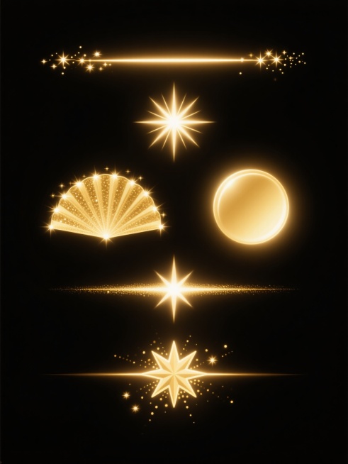 黑色纯色背景上，以规整的垂直排布方式展示6个同系列金色光效元素集合，每个元素保持相同的金色色调、明亮度、高光质感和星点颗粒细节，但具有完全不同的造型和角度：第一个为水平细长光带搭配顶部散落星光，第二个为中心点状光芒向四周辐射对称星芒，第三个为底部扩散的扇形闪光效果，第四个为中部柔和的椭圆形光斑，第五个为水平光带中央带十字星芒，第六个为水平光带中央带星形光芒并伴有散射光点，所有光效均呈现出数字艺……预览效果