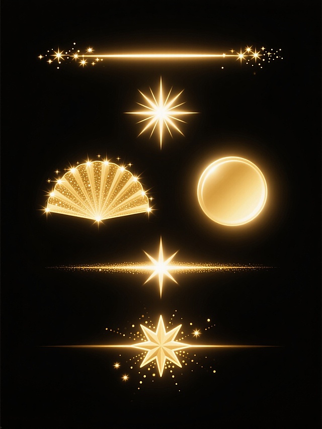 黑色纯色背景上，以规整的垂直排布方式展示6个同系列金色光效元素集合，每个元素保持相同的金色色调、明亮度、高光质感和星点颗粒细节，但具有完全不同的造型和角度：第一个为水平细长光带搭配顶部散落星光，第二个为中心点状光芒向四周辐射对称星芒，第三个为底部扩散的扇形闪光效果，第四个为中部柔和的椭圆形光斑，第五个为水平光带中央带十字星芒，第六个为水平光带中央带星形光芒并伴有散射光点，所有光效均呈现出数字艺术的平滑渐变质感和强烈的光源感，整体保持统一的设计风格和视觉和谐度。
