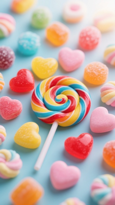 俯拍干净风格超写实糖果特写，明亮红黄蓝粉为主色调，螺旋棒棒糖、心形硬糖等丰富糖果从中心向四周散开，浅景深显前景清晰背景柔化，上方柔光洒下现高光阴影，突出糖果质感，细节满溢甜蜜童趣。预览效果