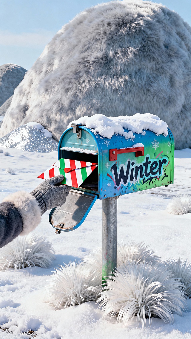 涂鸦风信箱点缀冬日雪景，毛发生长风植物环绕，重拟物风格呈现温馨喜庆氛围，虚拟自然中传递节日暖意。