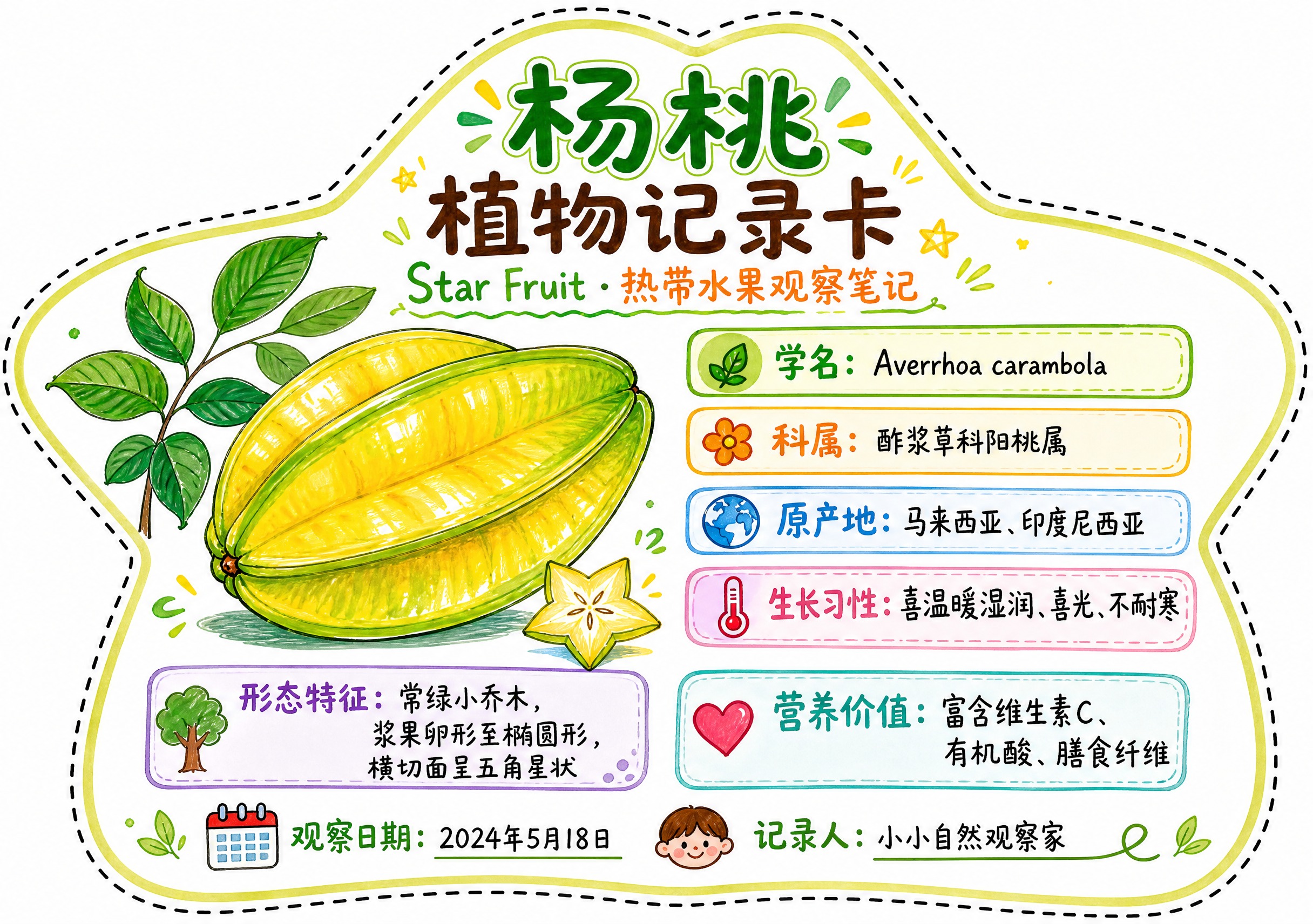 一张杨桃异形植物记录卡，整体为杨桃轮廓造型（五角星切面造型），… - 图片创意预览