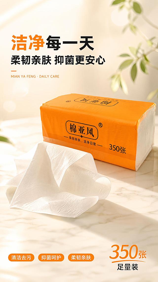[第1屏] 详情页头图主视觉-棉亚风橙色包装抽纸新品宣传海报。本屏使用【图2】作为商品主体。
[氛围/风格] 洁净清爽的日用家居风，暖橙主色调，商业摄影质感，明亮通透，温馨干净。
[元素布局] 抽纸产品置于画面右侧中部，占比约60%-65%，45°斜侧角度，橙色包装完整保留「棉亚风」品牌字样与「柔韧亲肤，洁净日常」slogan，包装颜色、结构、比例与输入产品图一致；左侧为浅白色大理石台面，背景为柔和的浅暖白渐变，点缀几片绿叶与柔和光斑；前景有抽出的几张纸巾自然垂落，展示纸张柔韧质感。
[光影质感] 左上方柔和主光，右下方自然投影，包装表面有细腻高光，整体明亮干净，突出洁净感。
[配色色系] 全局底色 #FFFAF5（浅暖米白）；主色 #FF7A00（品牌橙）；辅助色 #FFFFFF 白色、浅绿点缀。
[视角构图] 正面微俯视，产品为视觉中心，阅读动线左上标题 → 右侧产品 → 底部信息条。
[文字版式] 版式为左上标题区 + 右侧产品 + 底部信息条。主标题「洁净每一天」，副标题「柔韧亲肤 抑菌更安心」，黑体加粗左对齐；标题下方小号英文装饰「MIAN YA FENG · DAILY CARE」；底部左侧三个卖点标签「清洁去污」「抑菌呵护」「柔韧亲肤」用橙色圆角胶囊承载；右下角标注「350张 足量装」；文字不遮挡产品主体。
[比例分辨率] 9:16 竖版比例，4K 分辨率，文字清晰可辨，高清画质。
[负向提示词] 包装变形，文字错乱，颜色偏差，水印，产品模糊，背景杂乱，缺件错件。