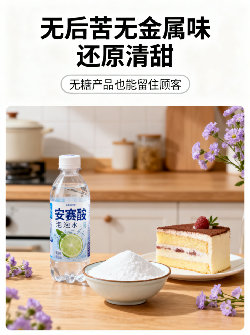 画面上半部分为白色背景，顶部黑色加粗大字：「无后苦无金属味 还原清甜」，下方浅灰小字圆角框：「无糖产品也能留住顾客」；下半部分实拍场景：左侧是无糖气泡水、右侧是无糖蛋糕，中间摆放安赛蜜粉末碗，背景是温预览效果
