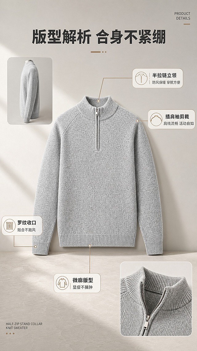 [商品] 使用【图1】浅花灰色男士半拉链立领针织羊毛衫；商品处理：保留半拉链立领、插肩袖、罗纹袖口下摆、花灰针织纹理、金属拉链头、整体版型与浅花灰色；自然去除衣身杂乱褶皱与压痕，理顺垂坠，增强针织肌理、缝线、拉链五金和罗纹质感，不改变版型、颜色和结构。
[画面] 目标：版型解析页，多角度展示廓形与结构。构图：中央为产品正面平铺全貌（占画面40%），四周用细线引线标注4个关键结构点，每个标注配小图标。左上角叠加一张侧面角度小图（展示衣身厚度与侧缝线），右下角叠加一张领口半拉链开合特写小图。背景为浅米色哑光台面+暖灰色渐变背景，有柔和光影。
[视觉] 套系策略：风格=高级轻商务通勤商业摄影；标题字=现代无衬线粗体（思源黑体Heavy）；正文字=简洁无衬线体（思源黑体Regular）；主色=浅花灰；背景延展=基于浅花灰做深浅层级、同色渐变和细腻织物/哑光纸张质感；强调色=暖驼色，仅用于小面积图标、引线和标签；标题色=深炭灰；正文色=中暖灰；组件=圆角浅底信息卡、细线引线、极简英文装饰；光影=左前侧45度暖柔光，右侧柔和补光，底部自然投影。
[文字] 顶部主标题「版型解析 合身不紧绷」（8字）。4个引线标注：「半拉链立领｜防风保暖 穿脱方便」（指向领口）、「插肩袖剪裁｜肩线流畅 活动自如」（指向肩部）、「罗纹收口｜贴合不跑风」（指向袖口）、「微廓版型｜显瘦不臃肿」（指向衣身）。文字均为横排，引线清晰，不遮挡产品主体。右上角小号英文「PRODUCT DETAILS」。
[规格] 图片比例9:16竖版，2K分辨率，避免变形、错字、文字过小、冷蓝/蓝灰背景、衣服颜色改变、版型失真、绝对化用语、平台Logo水印。