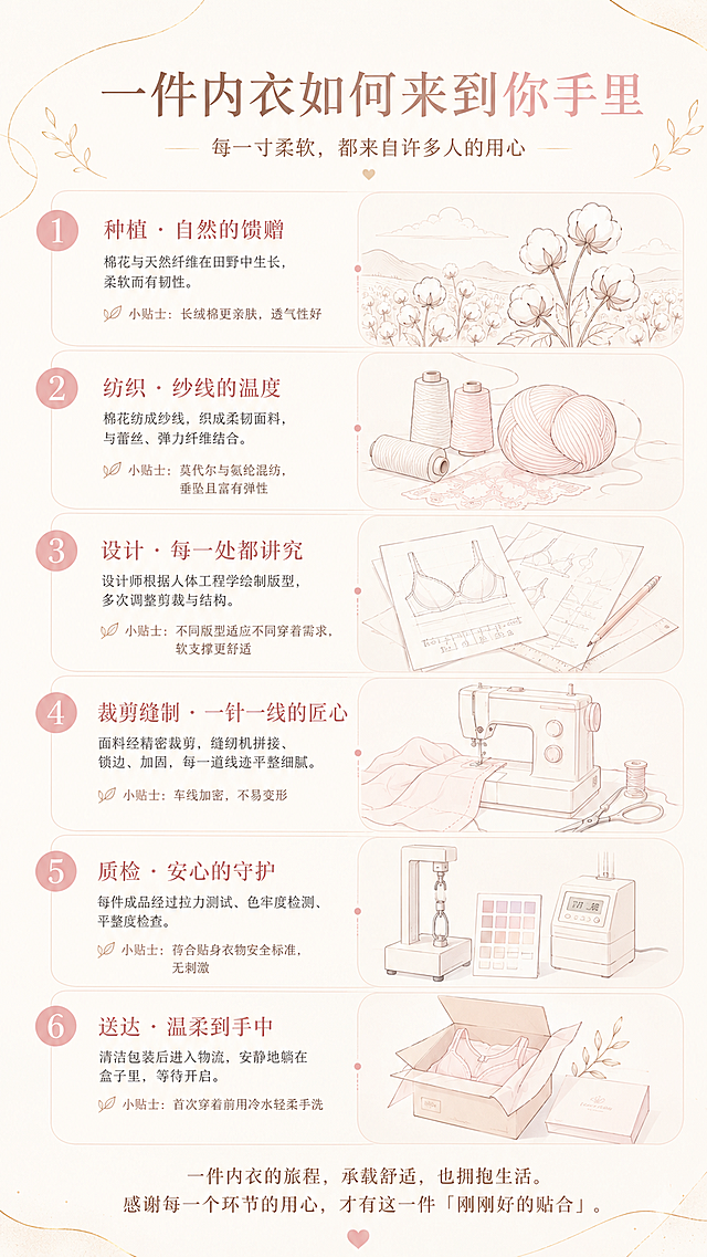 9:16比例中文信息图海报，主题为“一件内衣如何来到你手里”，整体风格温柔、洁净、简约，色调以米白、浅粉、淡金为主，配有抽象线条插图，无人体轮廓，无手势，无身体部位示意。内容结构：
主标题："一件内衣如何来到你手里"
副标题："每一寸柔软，都来自许多人的用心"

步骤与内容（自上而下排列）：
1.种植 · 自然的馈赠
棉花与天然纤维在田野中生长，柔软而有韧性。
小贴士：长绒棉更亲肤，透气性好
配图：抽象线条棉田插图

2.纺织 · 纱线的温度
棉花纺成纱线，织成柔韧面料，与蕾丝、弹力纤维结合。
小贴士：莫代尔与氨纶混纺，垂坠且富有弹性
配图：抽象线条纱线卷插图

3.设计 · 每一处都讲究
设计师根据人体工程学绘制版型，多次调整剪裁与结构。
小贴士：不同版型适应不同穿着需求，软支撑更舒适
配图：抽象线条草图稿插图

4.裁剪缝制 · 一针一线的匠心
面料经精密裁剪，缝纫机拼接、锁边、加固，每一道线迹平整细腻。
小贴士：车线加密，不易变形
配图：抽象线条缝纫机针脚与剪刀布料插图

5.质检 · 安心的守护
每件成品经过拉力测试、色牢度检测、平整度检查。
小贴士：符合贴身衣物安全标准，无刺激
配图：抽象线条检测仪器插图

6.送达 · 温柔到手中
清洁包装后进入物流，安静地躺在盒子里，等待开启。
小贴士：首次穿着前用冷水轻柔手洗
配图：抽象线条纸盒包装插图

结尾语：
一件内衣的旅程，承载舒适，也拥抱生活。
感谢每一个环节的用心，才有这一件「刚刚好的贴合」。

比例：9:16，留白充足，整体气质安静优雅，所有文字完整清晰展示。