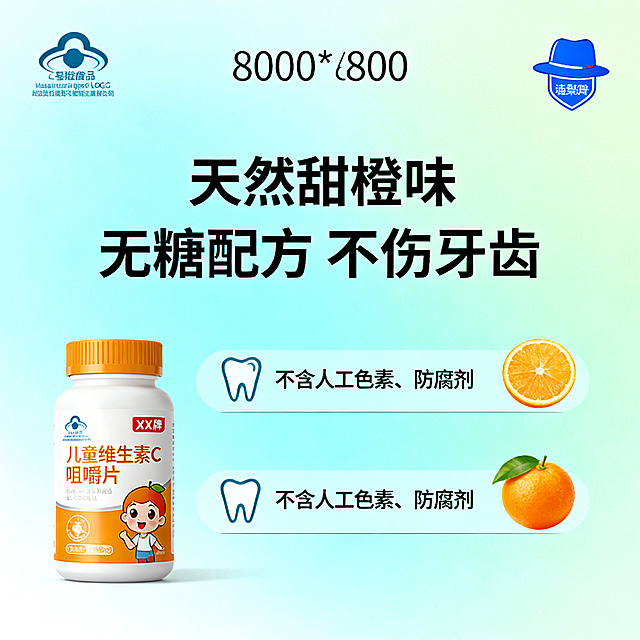 儿童维C配方安全卖点详情图，800*800像素，风格专业简洁。画面左侧放置xx牌儿童维生素C咀嚼片产品包装，品牌LOGO在左上角，右上角有蓝帽子标识，画面中心文字依次为"天然甜橙味 无糖配方 不伤牙齿"、"不含人工色素、防腐剂"，搭配牙齿保护图标和甜橙图标，背景为浅蓝绿色渐变，传递安全健康的感觉，面向年轻妈妈群体设计，信息清晰易懂
