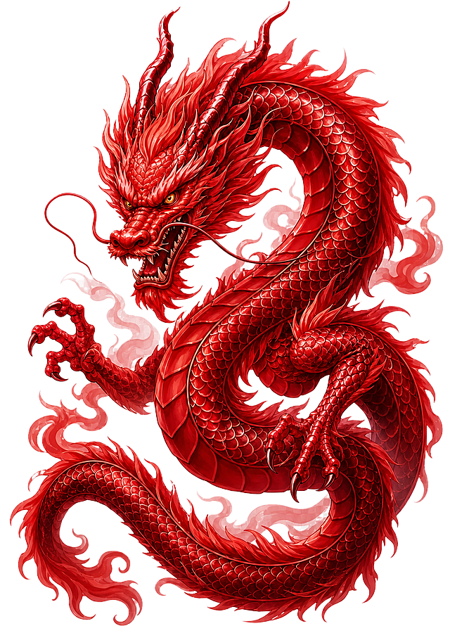 将图片中的中国龙改成红色，保留原本的造型、姿态和插画质感，透明背景