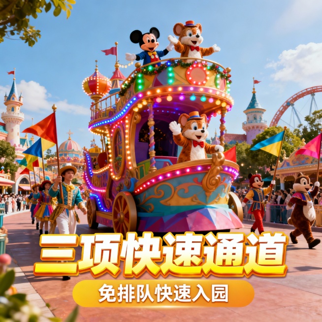 主标题为“三项快速通道”，采用醒目的黄白渐变立体加粗字体；下方配有“免排队快速入园”的促销文案，整体风格是商业电商风，色彩鲜艳明快，充满童话感与节日氛围，画面具有强烈的视觉吸引力和立体感，图片比例为预览效果