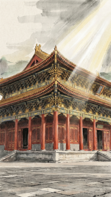 将图片改为国画绘画风格，使用国画传统色彩，保持宫殿主体形状和所有结构完全不变，仅修改色彩和绘画风格预览效果