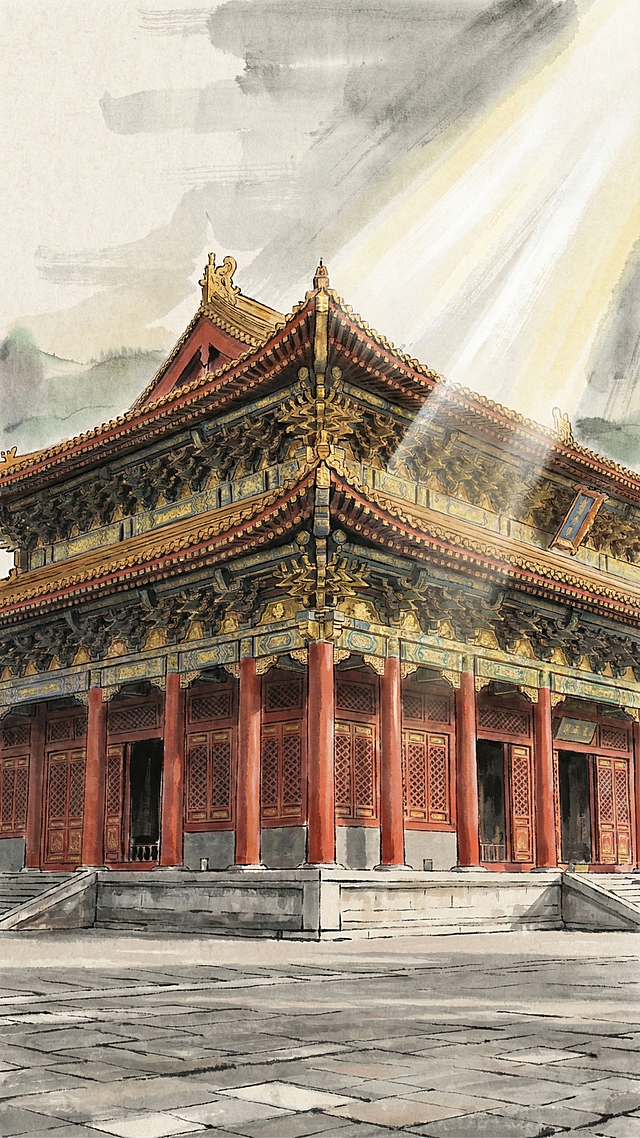 将图片改为国画绘画风格，使用国画传统色彩，保持宫殿主体形状和所有结构完全不变，仅修改色彩和绘画风格