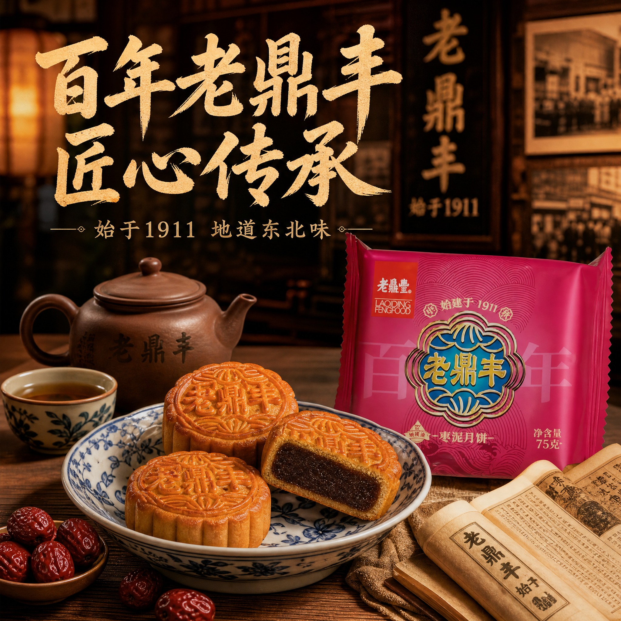 电商主图，老鼎丰枣泥月饼第三张。老字号传承场景：月饼摆放在中式… - 图片创意预览