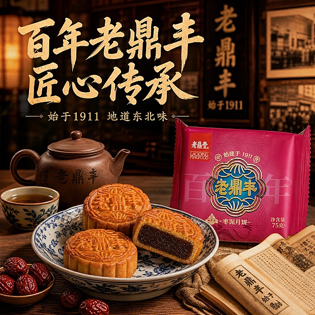 电商主图，老鼎丰枣泥月饼第三张。老字号传承场景：月饼摆放在中式瓷盘里，旁边有红枣、茶具与古书卷轴，营造百年品牌的厚重感。袋装月饼立在一侧。左上方大字：百年老鼎丰 匠心传承，下方小字：始于1911 地道东北味。整体复古暖色调，突出品牌历史与传统工艺价值。禁止出现正品保证、破碎包赔等字样。