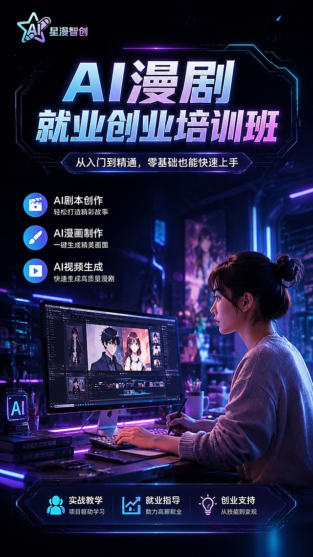 「图片1」，生成一套的详情页，要求风格统一，不能出现任何二维码，视觉是炫酷的CG风，商品名称为AI漫剧培训，适配淘宝/天猫平台，单图比例为9:16，需求屏数为8张。第一张主文案：AI漫剧就业创业培训班    ，第二张主要表达 就业机会多   创业前景好    ，第三张是我们的优势介绍（线上线下手把手教学「图片1」「图片1」「图片1」「图片1」、师资力量强大，推荐就业，副业创业与公司合作变现） ，第四张是我们的课程表「图片1」，第5张是我们学员的往期案例作品，第6张是行动号召