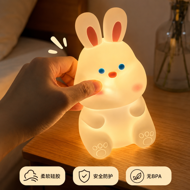 [主图2] 小兔子拍拍夜灯手感卖点展示图。[氛围风格] 温馨居家氛围，真实使用场景感；[画质] 商业摄影质感、光线柔和通透、产品清晰真实、画面干净高级。[元素] 手捏小兔子夜灯脸部展示软硅胶材质，产品预览效果