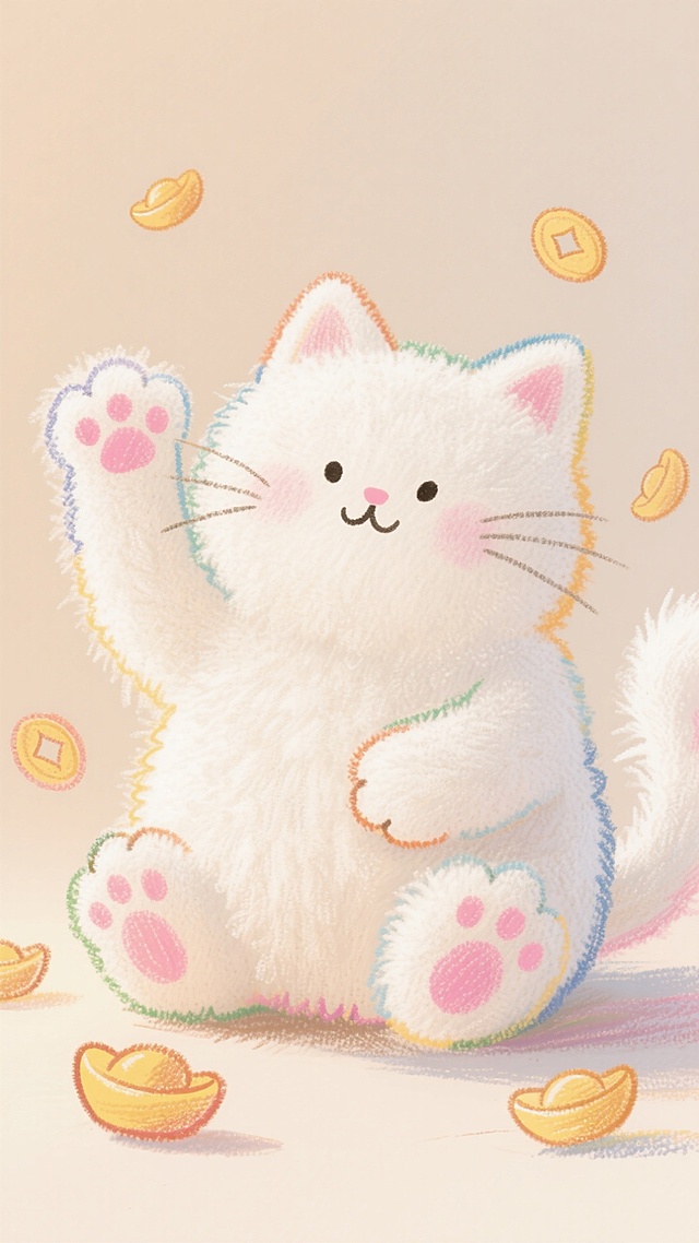 一只巨大的、用蓬松的白色羊羔绒制成的招财猫，憨态可掬地坐着，它举起的那只爪子上细腻的绒毛在微风中轻轻颤动，爪心嵌着一个柔软的粉色肉垫，周围漂浮着几个同样毛绒质感的小元宝，背景是温暖的浅杏色，整体呈现出让人想拥抱的治愈感。