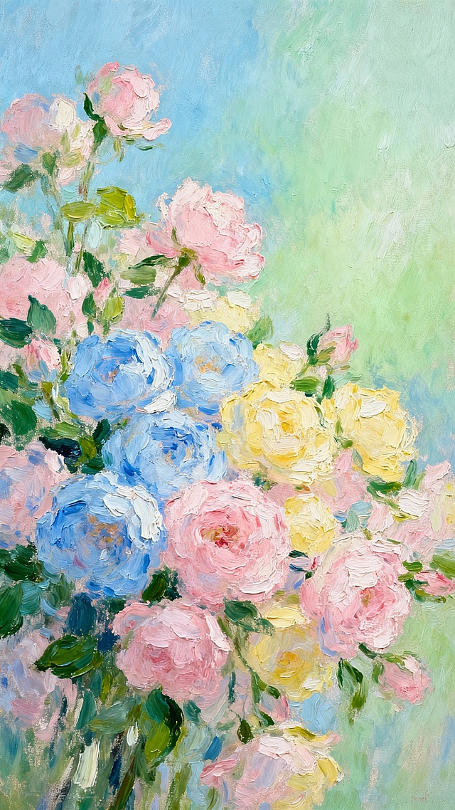 印象派风格花卉油画，以柔和的粉蓝色、淡粉色、淡黄色花朵为主体，绿色叶片点缀其间，色彩和谐淡雅，笔触厚重且富有肌理感，光影柔和朦胧，整体营造出宁静清新的氛围，构图饱满，花朵自然分布，背景为淡蓝绿色渐变，画面整体呈现出柔和的油画质感和浪漫的春日气息。