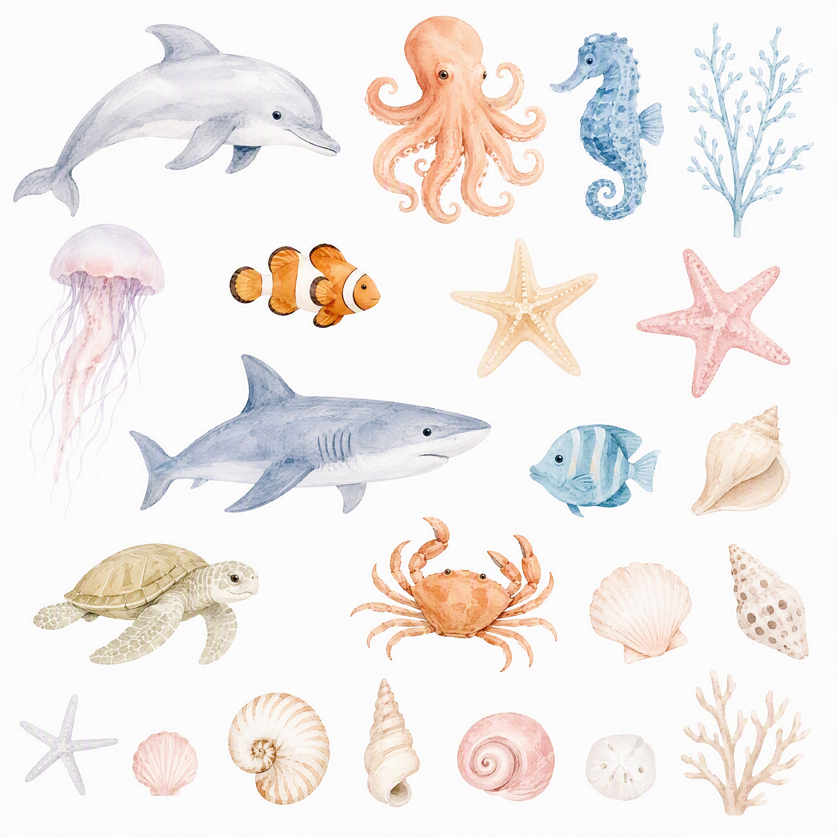 海洋生物水彩插画元素集合，纯白色背景。将所有海洋生物元素独立出… - 图片创意预览