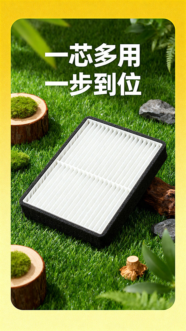汽车空调滤芯商品电商主图，商品放置在精心布置的绿色草地上，周围搭配自然小物件点缀，图片带有渐变黄色配色边框，商品上标注文字“一芯多用 一步到位”，清新自然风格，商品突出清晰，电商推广主图