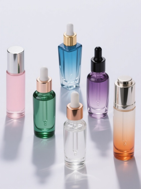 超写实主义风格的化妆品精华液系列海报，六个完全不同配色与瓶子样式的玻璃滴管瓶规整排布，保持高光泽透明玻璃质感、精细液体滴落细节、金属瓶盖反光效果，每个瓶子拥有独特的瓶身形状（如圆柱形、方形、流线型、棱角型、矮胖型、细长型）和专属配色方案（如粉色瓶配银色盖、蓝色瓶配金色盖、绿色瓶配玫瑰金盖、紫色瓶配黑色盖、透明瓶配古铜色盖、渐变橙瓶配镀铬盖），统一采用简洁纯色背景突出产品，精确光影投射形成柔和阴……预览效果
