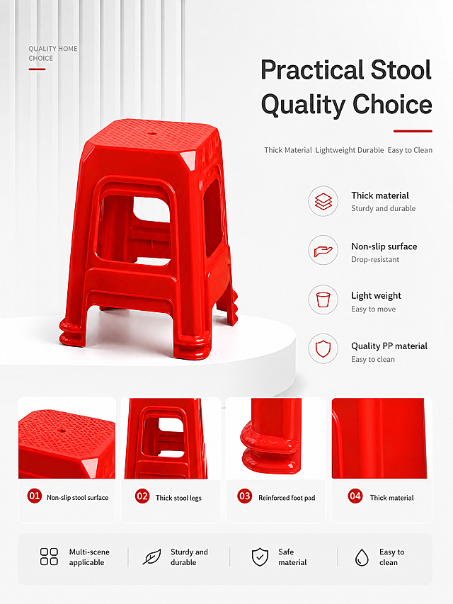 Red plastic glue stool promotional poster, refer to the style of the second reference image. Layout structure: upper left vertical stripe background, upper right large title, middle product display, bottom 4 detail diagrams and 4 advantage icons. Keep the red plastic square stool appearance (physical structure, material texture, color) absolutely consistent with the input product image, eliminate any deformation and color difference. Style: modern minimalist high-end home style, clean layout, clear hierarchy, red and white color matching. Title text "Practical Stool Quality Choice", subtitle text "Thick Material Lightweight Durable Easy to Clean", upper left "Quality Home Choice", list 4 core advantages on the right: Thick material Sturdy and durable, Non-slip surface Drop-resistant, Light weight Easy to move, Quality PP material Easy to clean. 4 detail diagrams at the bottom: 01 non-slip stool surface, 02 thick stool legs, 03 reinforced foot pad, 04 thick material. The bottom 4 icons show multi-scene applicable, sturdy and durable, safe material, easy to clean. Commercial advertising poster, light soft and transparent, product clear, 4K resolution. Keep the layout and color matching of the reference image exactly, replace the product with red plastic glue stool, and adjust the copy to match the stool's selling points. Negative prompt: deformation, watermark, text confusion, blurred product image, messy background.