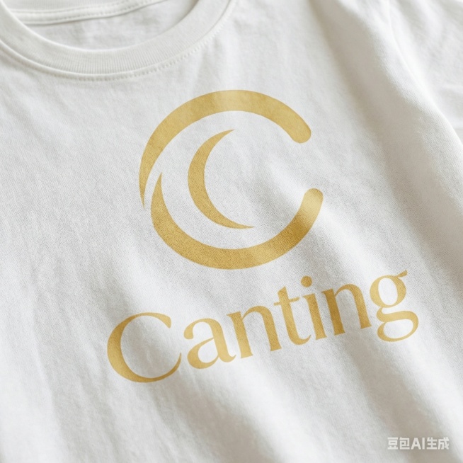 将图片中的Canting logo做成水浆印花材质，印在衣服上，展示logo水浆印花材质在衣服上的真实效果，呈现水浆印花轻薄通透的质感预览效果