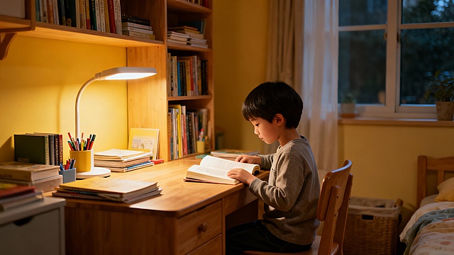 书房阅读图片，一个小孩子在桌子上看书，灯关明亮，远视角