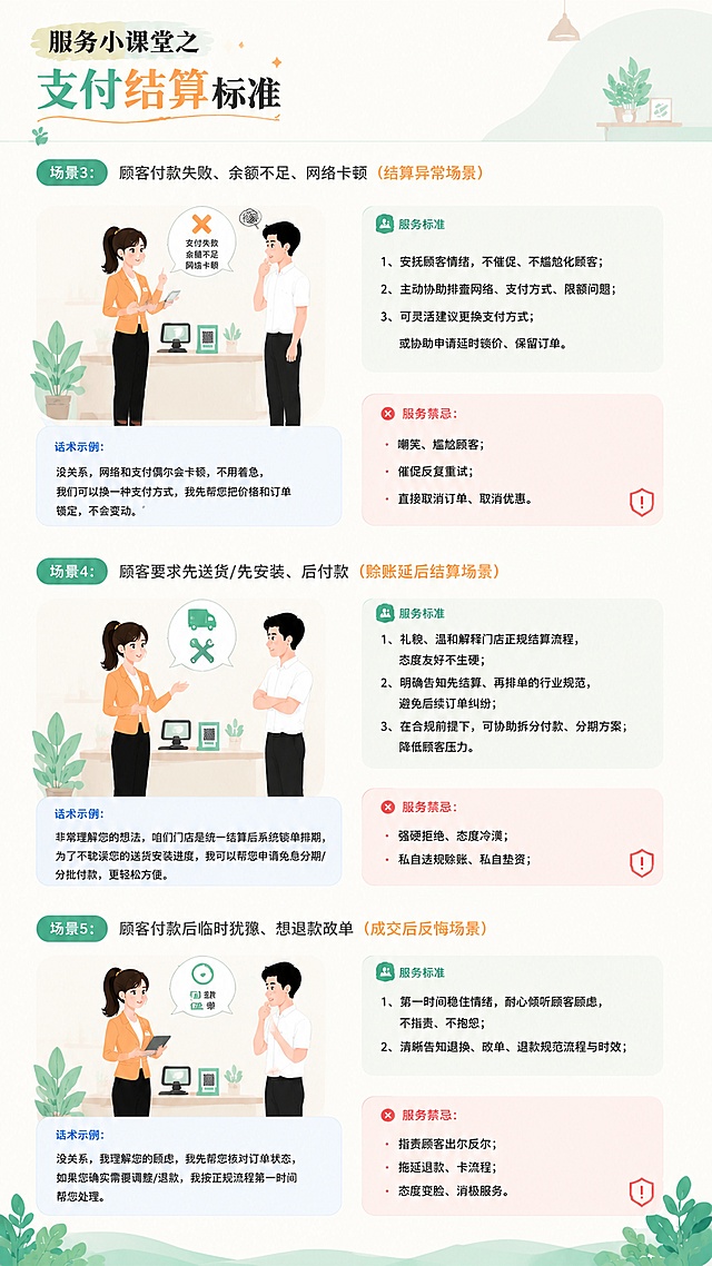 「图片1」现在生成海报第4页（从场景3开始），要求字体粗细一致，风格统一，不要突兀。                  场景3：顾客付款失败、余额不足、网络卡顿（结算异常场景）
服务标准
1、安抚顾客情绪，不催促、不尴尬化顾客；
2、主动协助排查网络、支付方式、限额问题；
3、可灵活建议更换支付方式，或协助申请延时锁价、保留订单。
话术示例：没关系，网络和支付偶尔会卡顿，不用着急，我们可以换一种支付方式，我先帮您把价格和订单锁定，不会变动。
服务禁忌：
嘲笑、尴尬顾客；
催促反复重试；
直接取消订单、取消优惠。
场景4：顾客要求先送货/先安装、后付款（赊账延后结算场景）
服务标准
1、礼貌、温和解释门店正规结算流程，态度友好不生硬；
2、明确告知先结算、再排单的行业规范，避免后续订单纠纷；
3、在合规前提下，可协助拆分付款、分期方案，降低顾客压力。
话术示例：非常理解您的想法，咱们门店是统一结算后系统锁单排期，为了不耽误您的送货安装进度，我可以帮您申请免息分期/分批付款，更轻松方便。
服务禁忌：
强硬拒绝、态度冷漠；
私自违规赊账、私自垫资；
场景5：顾客付款后临时犹豫、想退款改单（成交后反悔场景）
服务标准
1、第一时间稳住情绪，耐心倾听顾客顾虑，不指责、不抱怨；
2、清晰告知退换、改单、退款规范流程与时效；
话术示例：没关系，我理解您的顾虑，我先帮您核对订单状态，如果您确实需要调整/退款，我按正规流程第一时间帮您处理。
服务禁忌：
指责顾客出尔反尔；
拖延退款、卡流程；
态度变脸、消极服务。                                                                                                                            请根据以上文字内容生成，内容饱满不拥挤，适用于培训。1、内容要求：要求完整保留所有原文文字，一字不删减修改，所有内容完整呈现，不能加其他的文字；海报要以图文并茂与人物演绎的方式展现，错落有致，图片不要占比太大，稍微小一点，图文比例要协调，图片不要太方正，可以是其他的形状，要灵动，标题区块与正文区块分层配色，打造视觉层次感，禁止通篇单色。2、风格：卡通风格（偏漫画风），极简高级清新低饱和配色，布局错落有致、饱满；2、人物：扎马尾女员工（橙色外套、黑色长裤、黑色皮鞋）、男顾客（白色短袖、黑色长裤、黑色鞋子）3、标题：标题区域占比要小，标题要有样式，版面协调不头重脚轻。4、字体要求：全文文字使用细体，字体要清晰，不要有错别字。5、颜色要求：文案中的负面，不足类内容使用专属区分色标注；整体主次分明，风格自然清新，底色清晰，不能有模糊感。