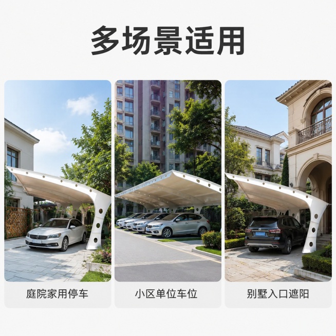 [主图-4] 7字型膜结构车棚多场景适配展示图
[氛围风格] 场景拼图展示风格，清晰多元
[画质] 高清商业摄影，每个场景清晰真实
[元素] 顶部大标题“多场景适用”，下方分为三宫格，每个宫格展示一个预览效果
