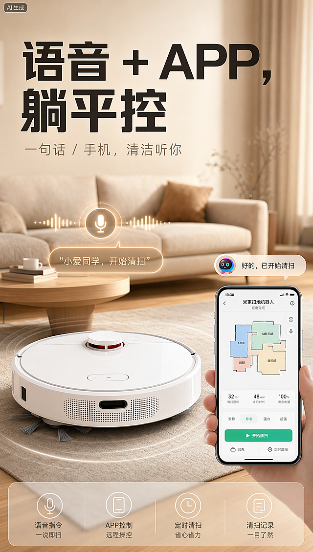 第一屏扫地机器人详情页：主文案："语音 + APP，躺平控"，副文案："一句话 / 手机，清洁听你"。文案设计：主文案居上放大，字体粗黑有科技感；副文案在主文案下方，字体纤细，颜色比主文案浅一度。画面中心是置于温馨客厅场景（有沙发、茶几）中的产品全景图，产品呈圆形，顶部白色激光雷达组件（带红色细节）醒目，机身主体白色光滑。画面右侧叠加 “手持手机显示米家 APP 操控界面”“小爱同学语音气泡” 的动态元素，顶部突出 “语音指令启动” 的动态效果，整体构图对称平衡。整体色调采用米棕暖色调，整体以米色、浅棕色、白色为主。高清 8K 分辨率，产品纹理清晰（白色光滑机身反光、激光雷达红色细节可见），场景质感真实，动态元素流畅，光影均匀，无模糊噪点。