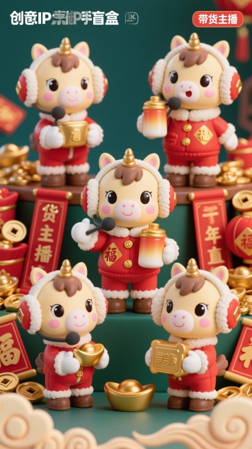 生成6个不同姿势的生肖马IP形象・亿马当先
核心创意：2026 马年生肖ip形象彩色黏土风设计，精气神十足的卡通小马化身 “带货主播”，戴着棉耳罩，棉手套和棉帽子，举着奶粉罐，画面低龄化、治愈感拉满，预览效果