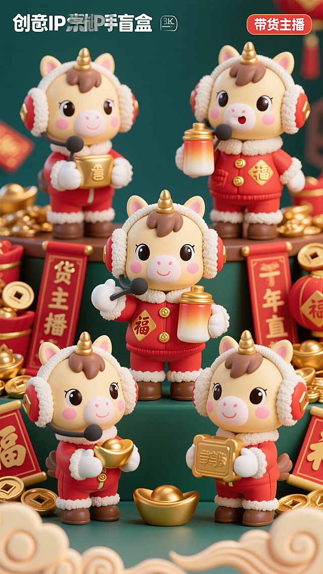 生成6个不同姿势的生肖马IP形象・亿马当先
核心创意：2026 马年生肖ip形象彩色黏土风设计，精气神十足的卡通小马化身 “带货主播”，戴着棉耳罩，棉手套和棉帽子，举着奶粉罐，画面低龄化、治愈感拉满，适合母婴、零食、家居日用等刚需品类。
视觉细节：画面主体是马年生肖ip形象彩色黏土风（身上穿着带有喜庆福字的红色棉袄棉裤，金色纽扣，粉色腮红，大眼睛，棕色蹄子），在画面中央托举着金色渐变奶粉罐，周围堆满元宝/ 春联 / 福字，小马脚边是黏土风的暖色调祥云，整体画风软萌可爱，无过多复杂元素。
详细提示词：萌趣卡通风格，米黄 + 红金温柔色调，线条圆润，色彩柔和，构图居中，8K，超清，年货氛围浓重