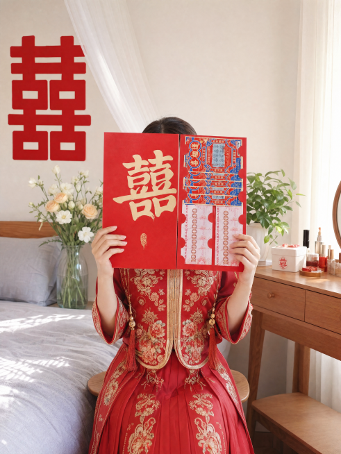 画面中心为身着红色简约新中式秀禾服的新娘，端正坐在闺房窗边的原木色梳妆凳上，上半身挺直，轻微向右侧倾斜8°，姿态端庄且松弛，无刻意僵硬感；双手以对称姿势稳稳托住红包左右两侧，将红包完全展开举在胸前，红预览效果