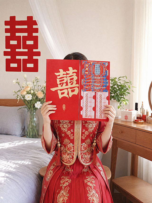 画面中心为身着红色简约新中式秀禾服的新娘，端正坐在闺房窗边的原木色梳妆凳上，上半身挺直，轻微向右侧倾斜8°，姿态端庄且松弛，无刻意僵硬感；双手以对称姿势稳稳托住红包左右两侧，将红包完全展开举在胸前，红包完全挡住面部，无脸部露出；手臂自然弯曲，手肘贴近身体两侧，手指关节清晰，结构正常无畸形，手部姿态自然舒展，不刻意用力。红包细节：红包为左右两页完全展开式设计，右侧页为红色纸币样式，左侧页为简约烫金“喜”字封面（无多余花纹），占画面核心视觉区域近50%面积，大小、持握姿势固定；红色饱满不刺眼，烫金细节清晰不模糊，无反光、污渍、低质问题，整体简约大气。场景设定：温馨简约接亲闺房，墙面为奶白色，无多余装饰；床头悬挂简约立体红色喜字，搭配浅灰色棉麻床品与轻薄白色纱幔，床头一侧摆放透明玻璃花瓶，插着白色桔梗与浅香槟色玫瑰（花量适中）；窗边摆放原木色梳妆台，台上整齐摆放少量简约化妆品、白色喜糖盒与1盆小巧绿萝；窗户挂着薄款白色纱帘，柔和自然光从右侧窗户射入，在墙面、床品与梳妆台上形成柔和光影，整体氛围干净通透、温馨舒适，无任何杂乱元素。风格参考：高清写实手机摄影风格，色彩柔和清淡，画面带有生活纪实感，质感细腻通透；无过度磨皮、无AI感