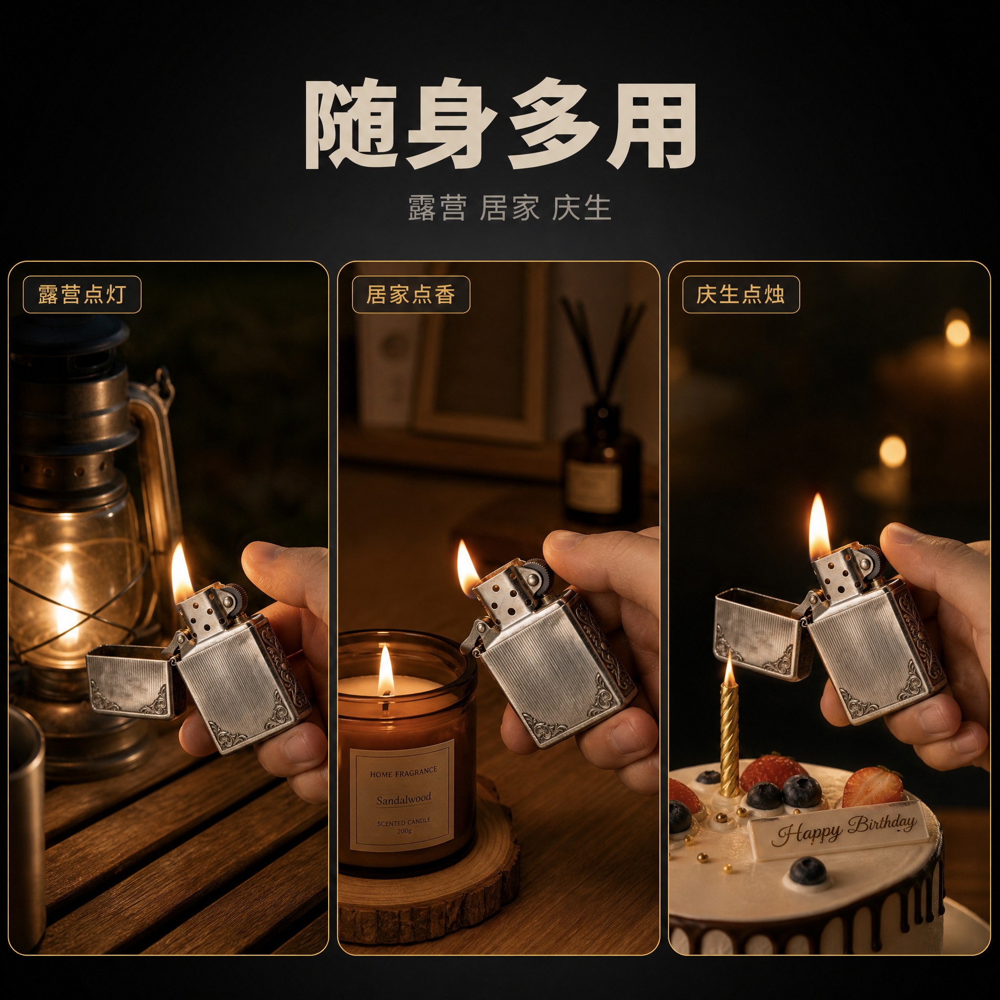 [主图-5] 复古雕花金属打火机 多场景宫格图，唯一任务是展示… - 图片创意预览