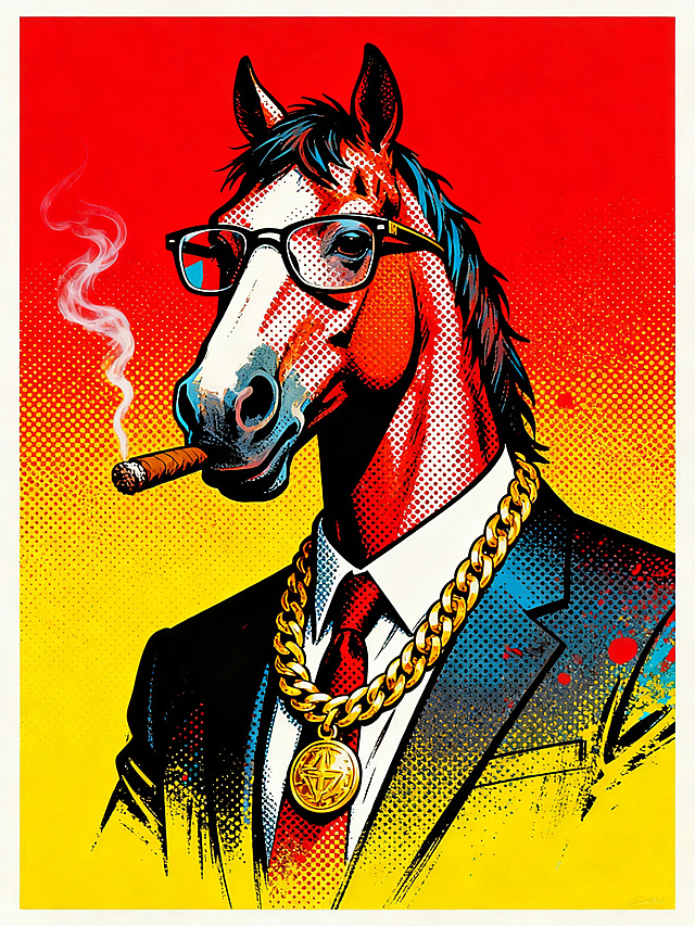 复古感与潮流感碰撞，拟人化马头戴墨镜、叼雪茄，身穿西装配金链，波普艺术风格鲜明，印刷风与噪点风交织，插画风漫画感十足，酷炫十足。
