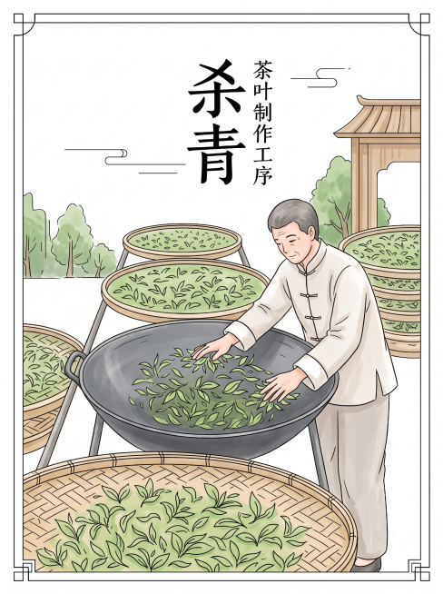 为杀青工序老师傅铁锅炒茶线稿上色，保留新中式国风，茶叶嫩绿，铁锅深灰，人物衣服浅米白，整体色调清新淡雅，低饱和，白底，适合印刷排版预览效果